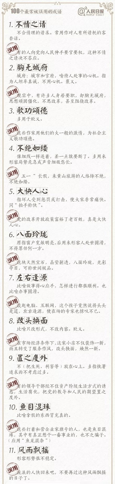 人民日報總結(jié)了100個最常被誤用的成語，給孩子看看，別再用錯了！